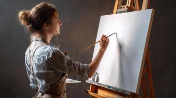 A woman is holding a brush and painting on a canvas photo