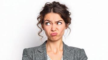 A woman in a suit making a funny face photo