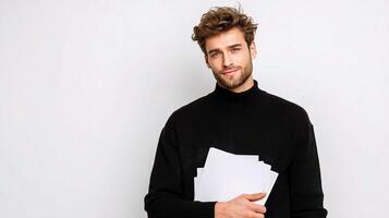 A man in a black sweater holding a stack of papers photo