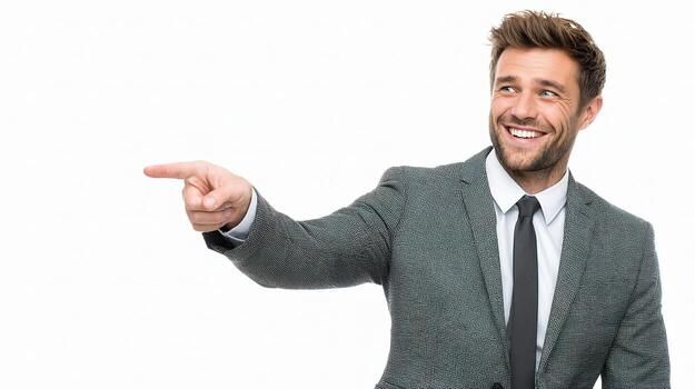 A smiling man in a suit pointing at something photo