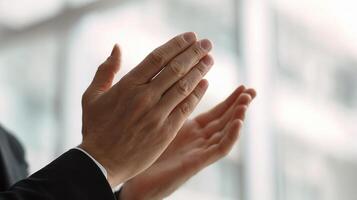A person in a suit is clapping their hands photo