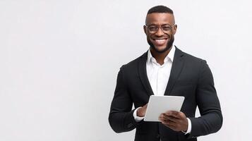 A smiling black man in a suit holding a tablet photo