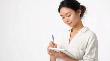 A woman writing on a notepad with a pen photo