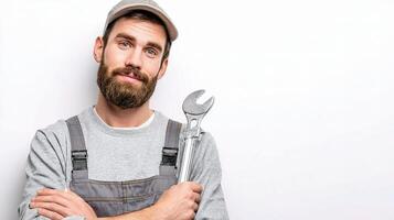 A man with a beard and hat holding a wrench photo