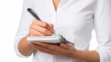 A woman is holding a pen and writing in a notebook photo