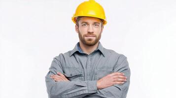 A man in a hard hat and gray shirt photo