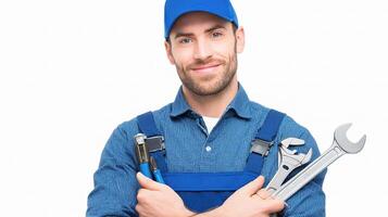 A man in blue overalls holding a wrench and a wrench photo