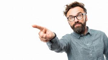A bearded man with glasses pointing at something photo
