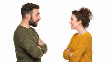 A man and woman are talking to each other photo