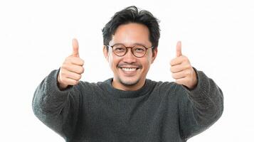 A man with glasses and a sweater is giving a thumbs up photo