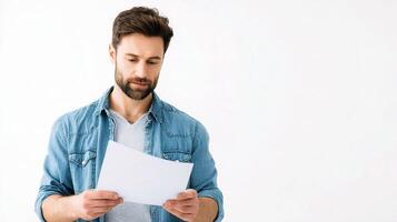 A man holding a piece of paper and looking at it photo