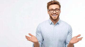 A man with glasses and a shirt is smiling photo
