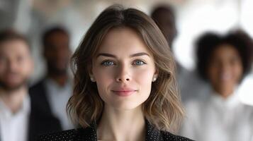 A woman is standing in front of a group of people photo