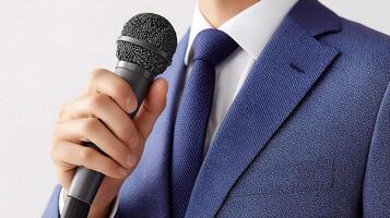 A man in a suit and tie holding a microphone photo