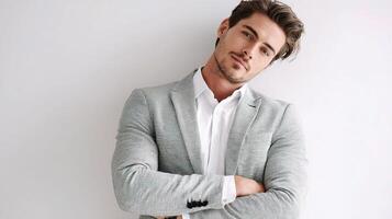 A man in a suit leaning against a wall photo