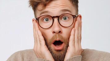 A man with glasses and a beard is surprised photo
