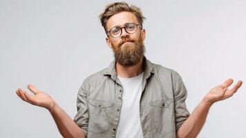 A man with a beard and glasses is holding his hands out photo