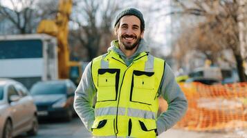 A man in a yellow vest standing in front of a construction site photo