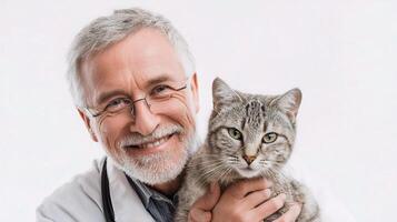 A man in a white coat holding a cat photo