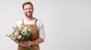 A man in an apron holding a bouquet of flowers photo