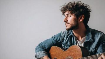 A man with curly hair and a beard is playing an acoustic guitar photo