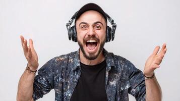 A man with headphones on his head and a surprised expression photo
