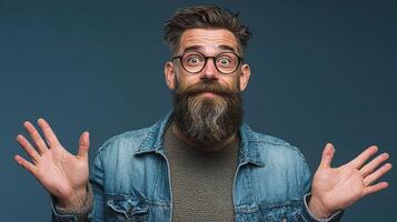 A man with a beard and glasses is making a surprised face photo