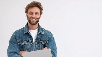 Smiling man with laptop on white background photo