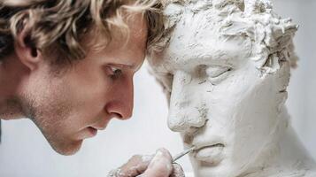 A man is working on a sculpture of a man's face photo