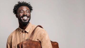 A smiling black man with a brown leather briefcase photo