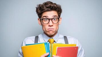 A man with glasses and tie holding a stack of books photo