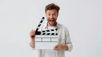 A man holding a clapper board and showing his face photo