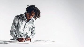 A man with dreadlocks is drawing on paper photo