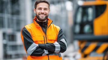 A man in an orange vest standing in front of a construction site photo