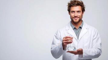 A man in a lab coat holding a flask photo