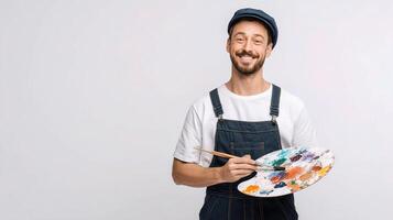 Portrait of a happy painter holding a palette and brush on a white background photo