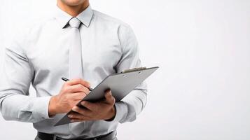A man in a shirt and tie holding a clipboard photo