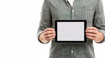A man holding up a tablet computer with a blank screen photo