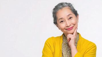 An older woman with a yellow cardigan and a smile photo