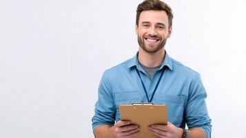 A smiling man holding a clipboard and smiling photo