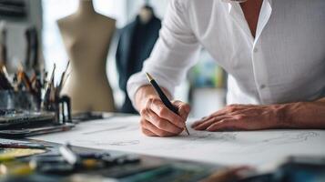 A man is drawing on a piece of paper photo
