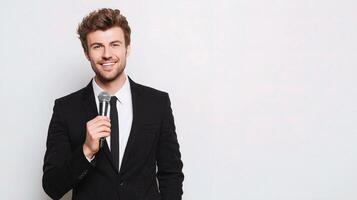 A man in a suit holding a microphone photo