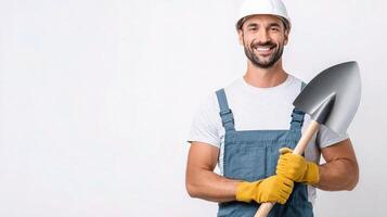Portrait of a smiling man in overalls holding a spade photo