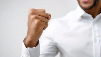 A man in a white shirt is showing off his fist photo