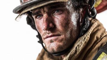 A close up of a firefighter with his face covered photo