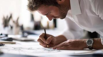 A man is drawing on paper with a pen photo