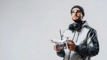 A man in a hat and jacket holding a remote control photo