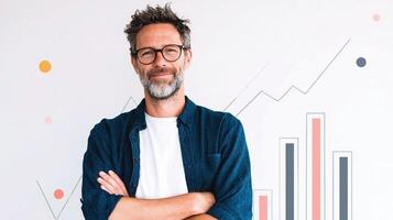 A man with glasses and a beard standing in front of a graph chart photo