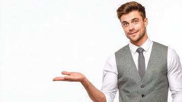 A man in a vest is holding something out photo