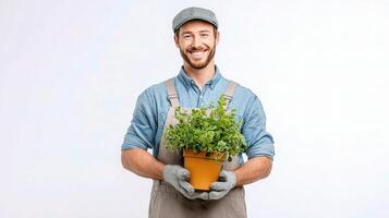 A man in overalls holding a potted plant photo